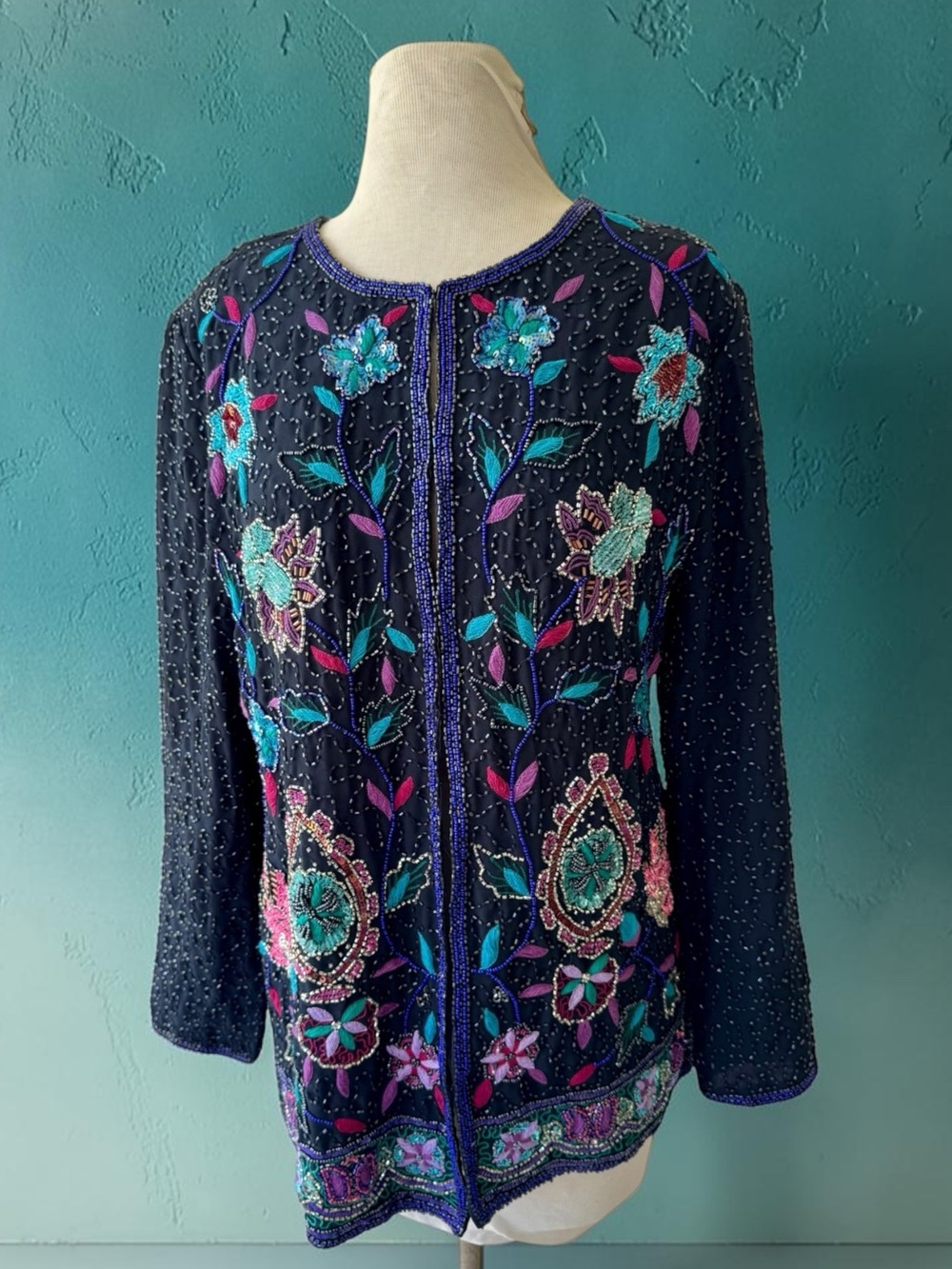 Vtg 90s Indigo Moon Beaded Sequin Evening Jacket Embroidered Floral M Holiday